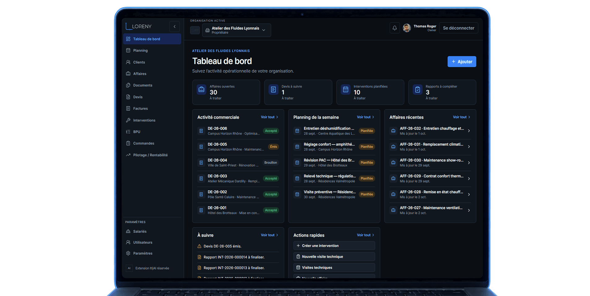 Tableau de bord LORENY avec les affaires, le planning et les alertes